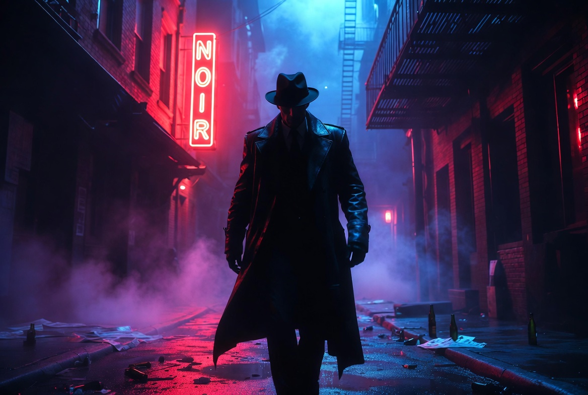Man in trench coat walking neon noir alley Man in trench coat walking neon noir alley