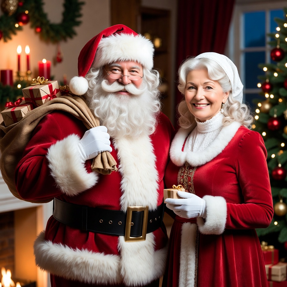 Santa Claus and Mrs. Claus with gifts Santa Claus and Mrs. Claus with gifts