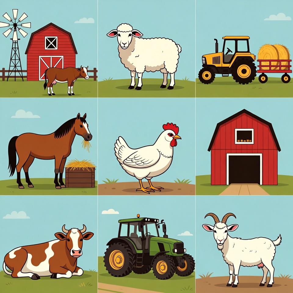 Farm Animals and Machinery Illustration Farm Animals and Machinery Illustration