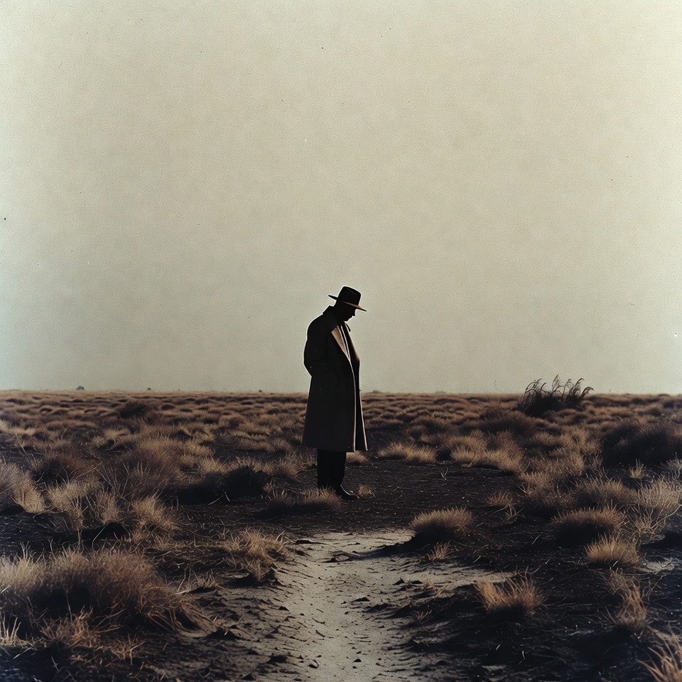 Man in trench coat and hat on prairie Man in trench coat and hat on prairie