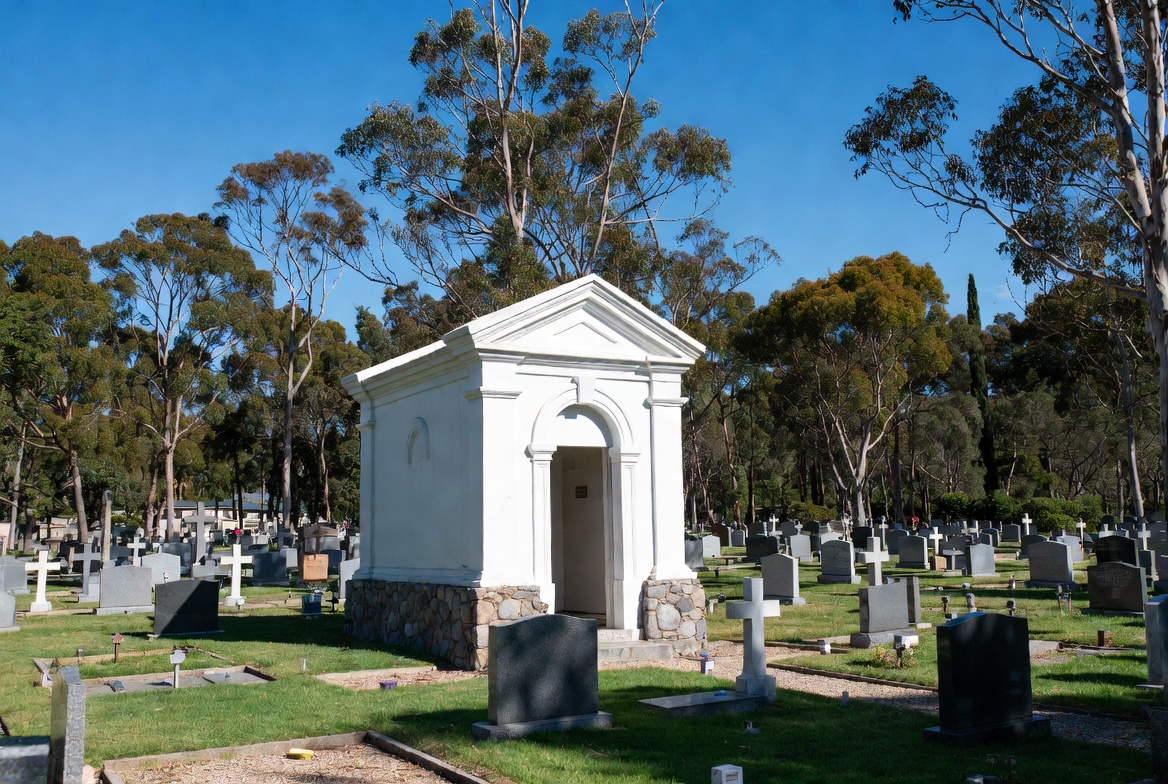 White Mausoleum in Cemetery with Graves White Mausoleum in Cemetery with Graves