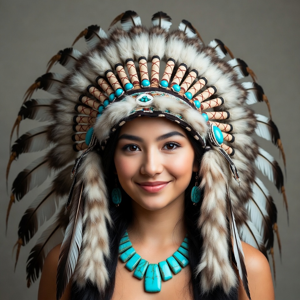 Asian woman in Native American headdress Asian woman in Native American headdress