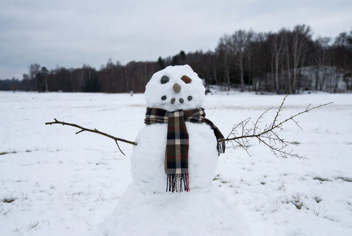 Snowman with scarf in snowy field Snowman with scarf in snowy field
