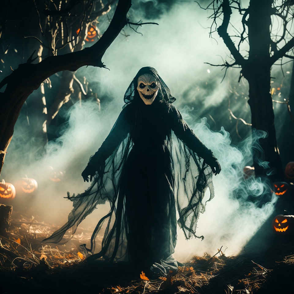 Woman in skull mask Halloween forest Woman in skull mask Halloween forest