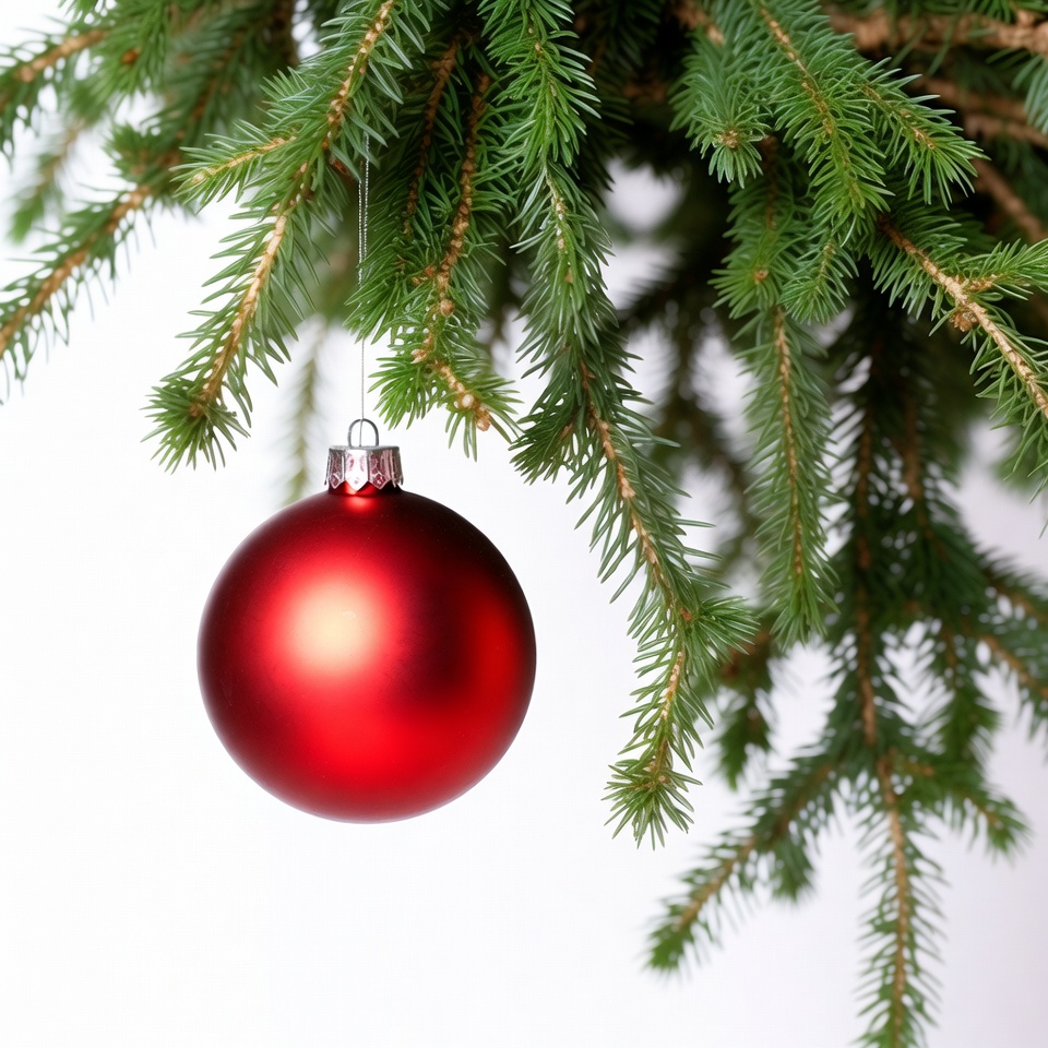 Red Christmas ornament on fir branch Red Christmas ornament on fir branch