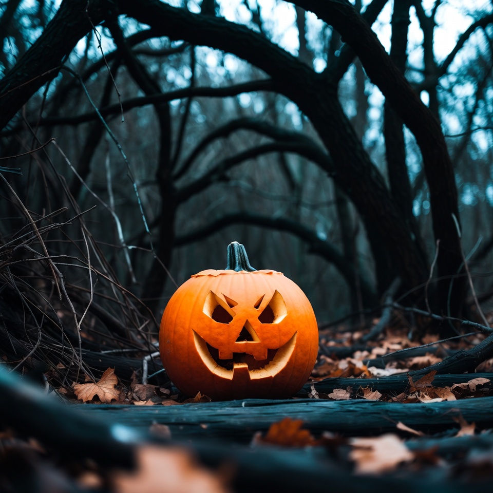 Jack-o'-lantern in dark forest Jack-o'-lantern in dark forest