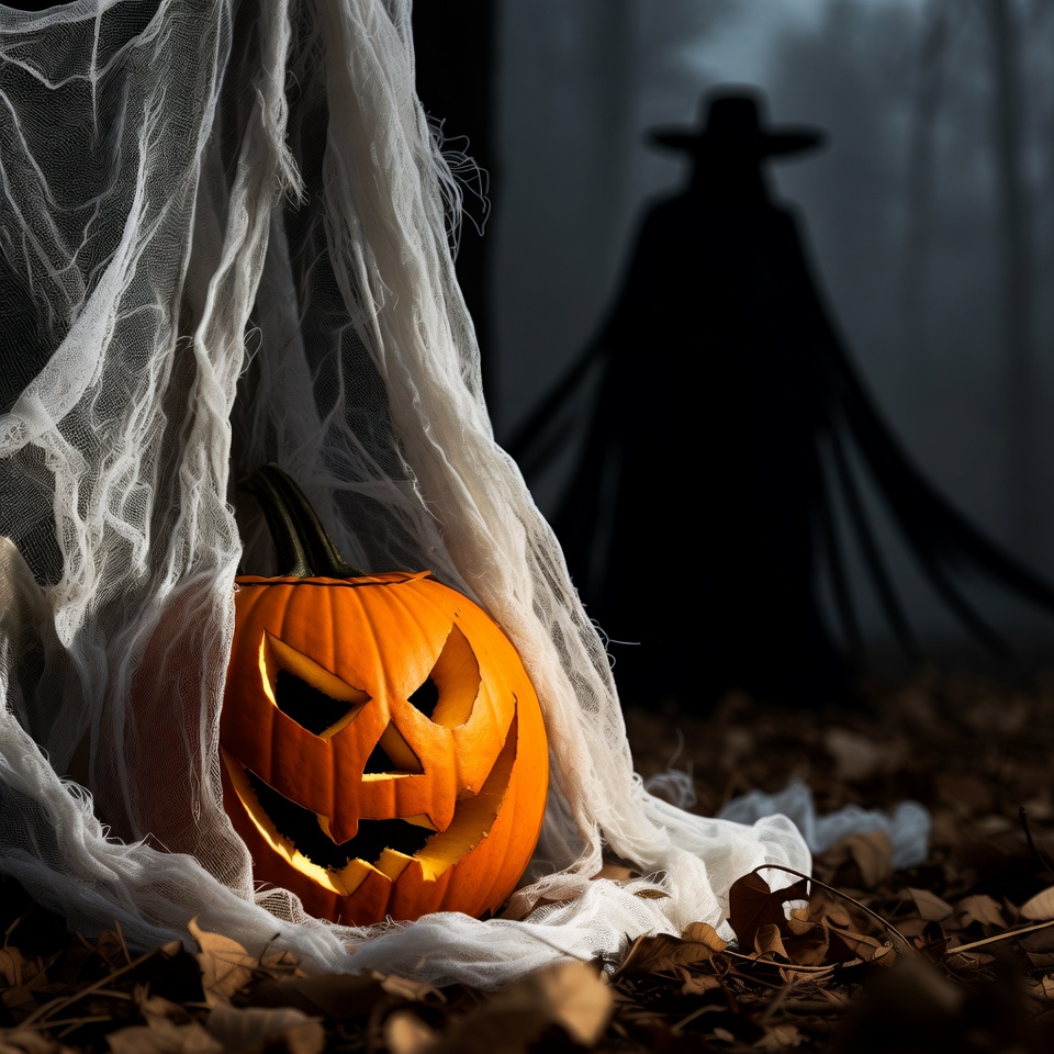 Jack-o'-lantern with Headless Horseman in Foggy Forest Jack-o'-lantern with Headless Horseman in Foggy Forest