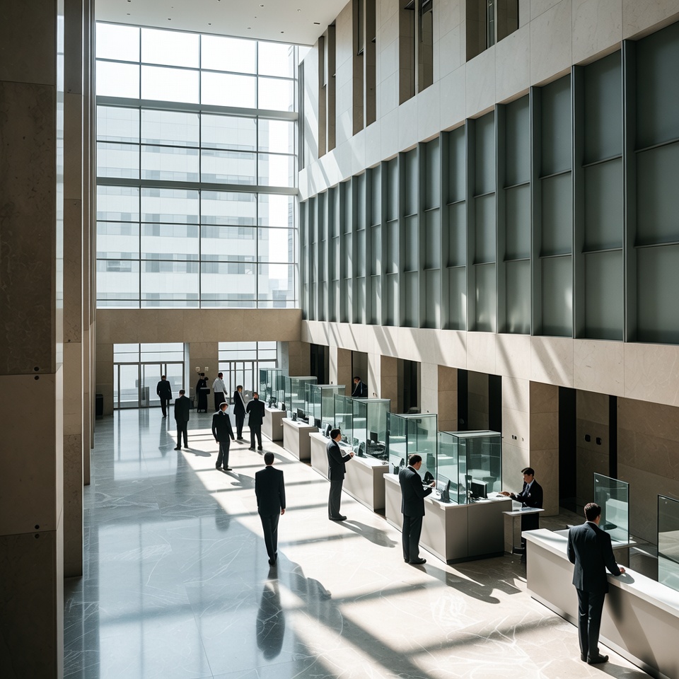 Men at modern bank counters Men at modern bank counters