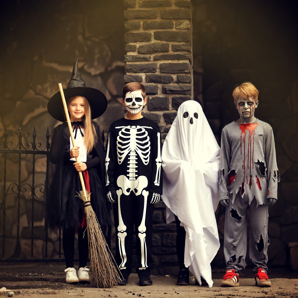 Four kids in Halloween costumes Four kids in Halloween costumes