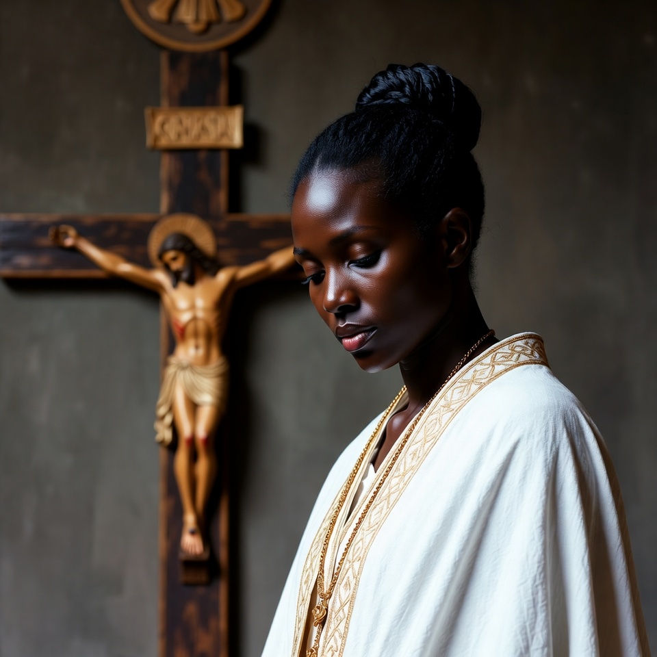 African woman praying before crucifix African woman praying before crucifix