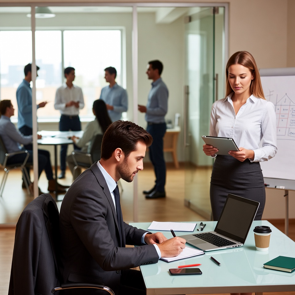 Businesswoman presenting to man in office Businesswoman presenting to man in office