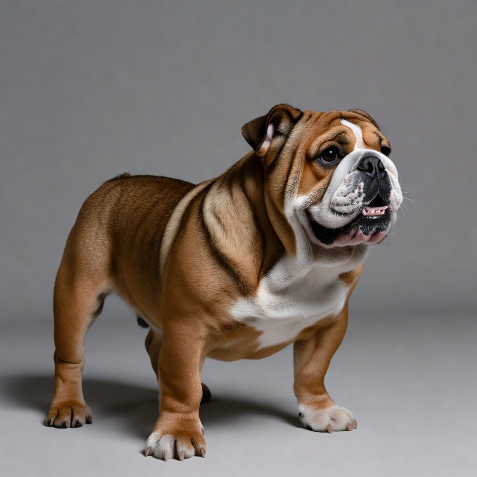 English Bulldog standing on gray background English Bulldog standing on gray background