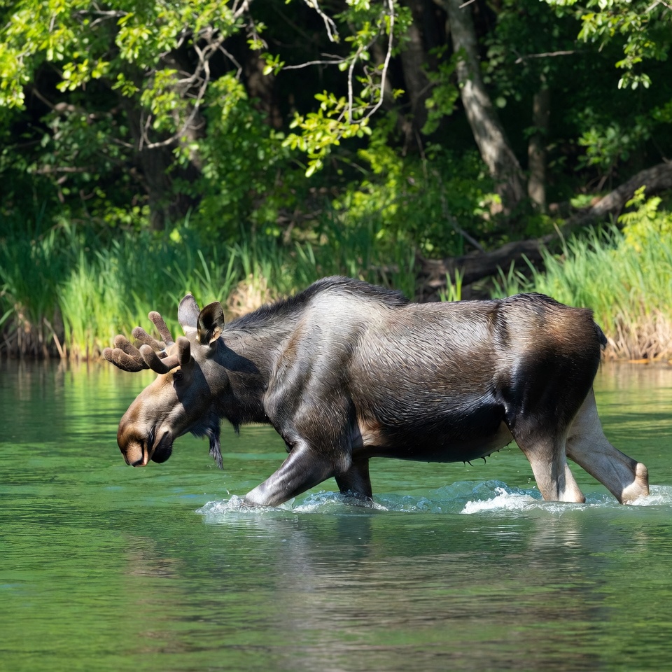 Moose wading in green river Moose wading in green river