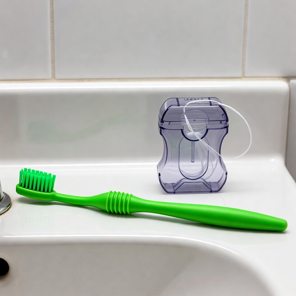 Green toothbrush and floss on bathroom sink Green toothbrush and floss on bathroom sink