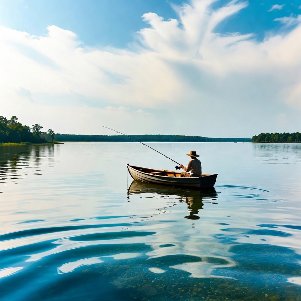 Man fishing from rowboat on lake Man fishing from rowboat on lake