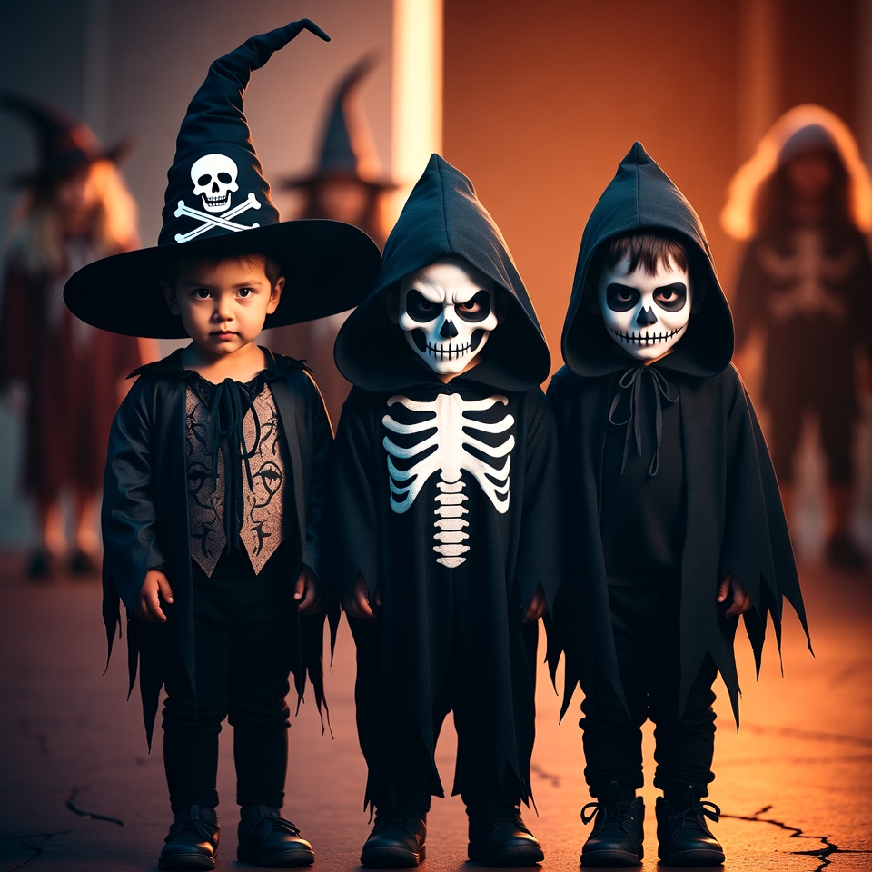 Three kids in skeleton Halloween costumes Three kids in skeleton Halloween costumes