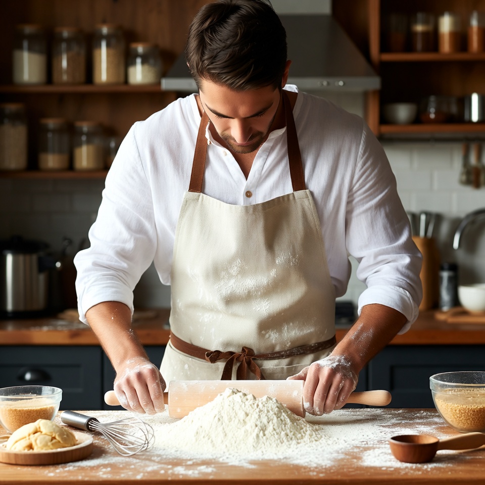 Man rolling dough in kitchen Man rolling dough in kitchen
