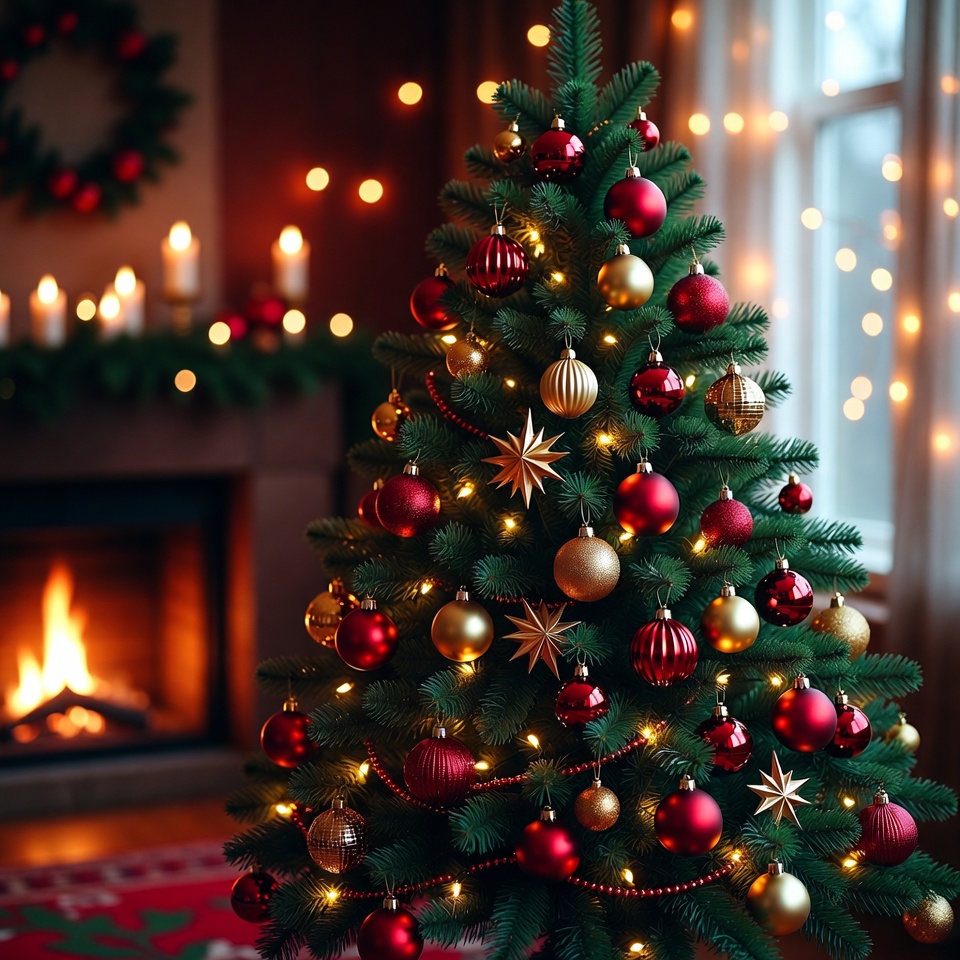 Festive Christmas Tree by Fireplace Festive Christmas Tree by Fireplace