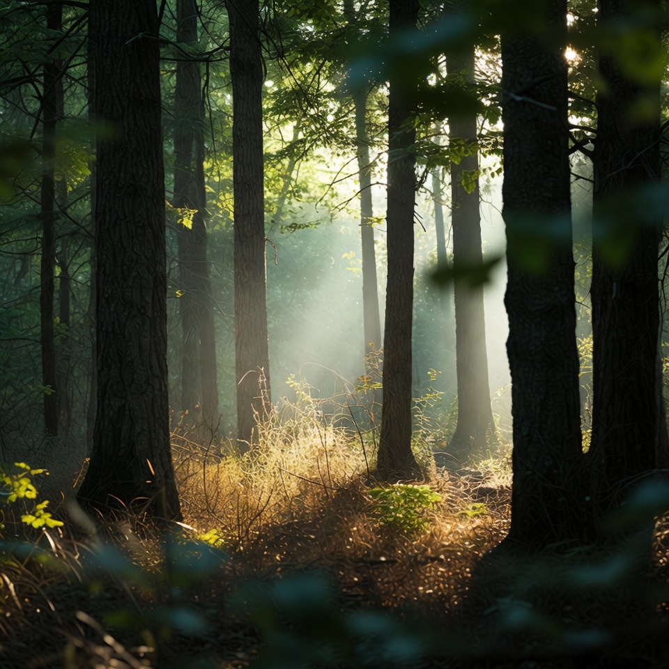 Sunlight Filtering Through Forest Trees Sunlight Filtering Through Forest Trees