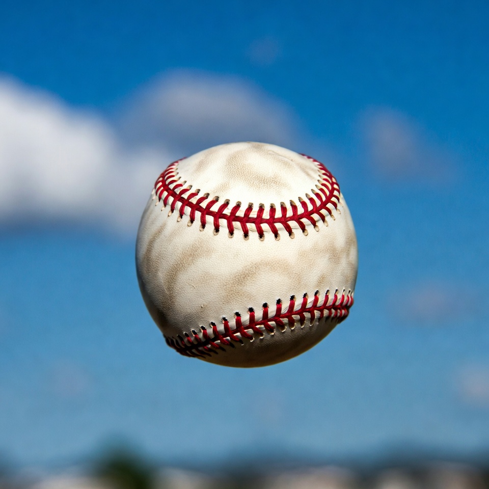 Baseball floating against blue sky Baseball floating against blue sky