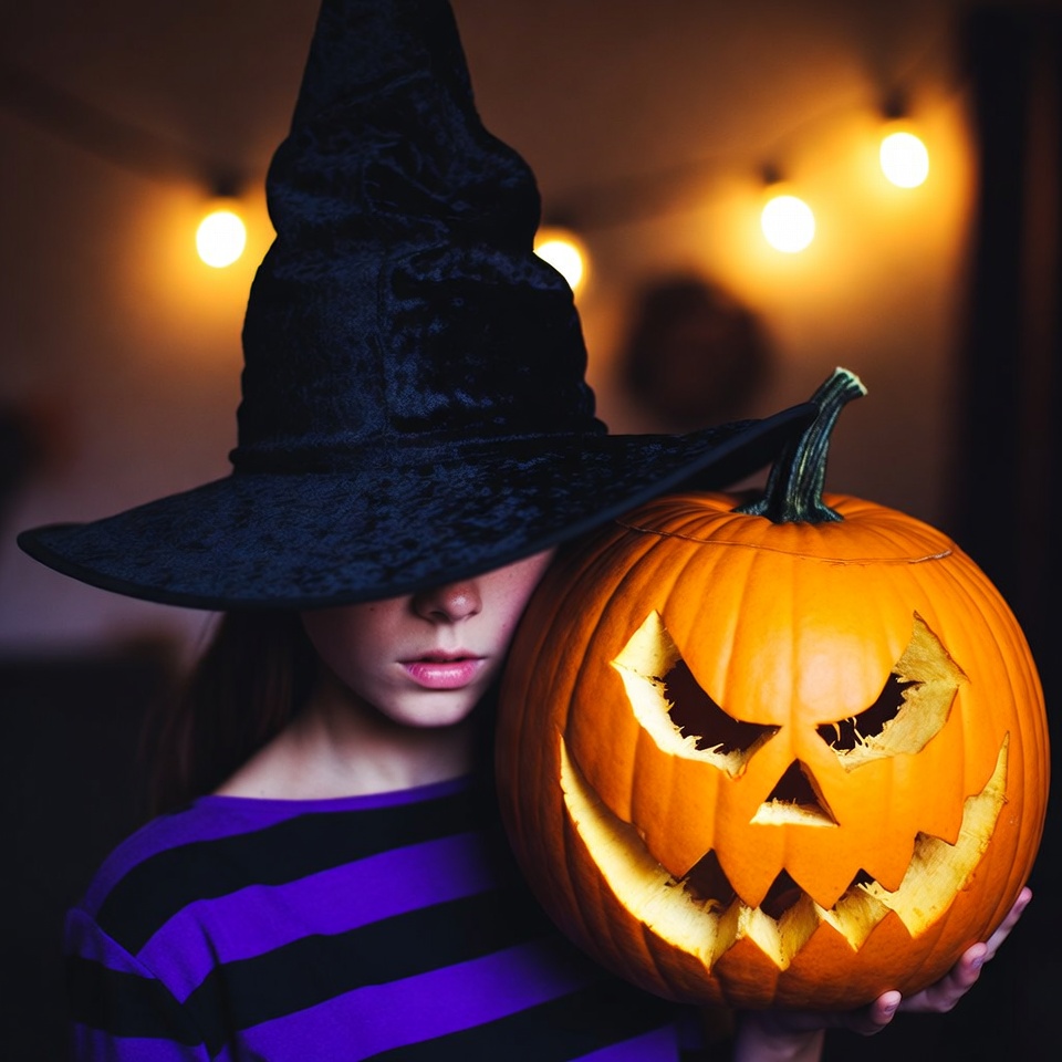 Girl holding jack-o-lantern pumpkin Girl holding jack-o-lantern pumpkin