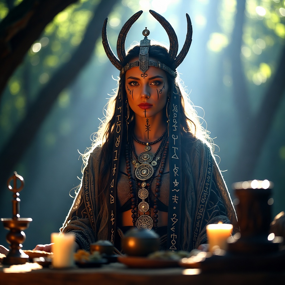 Mystic Woman Performing Ritual in Forest Mystic Woman Performing Ritual in Forest