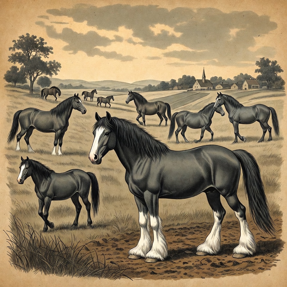 Horses Grazing in Vintage Illustration Horses Grazing in Vintage Illustration
