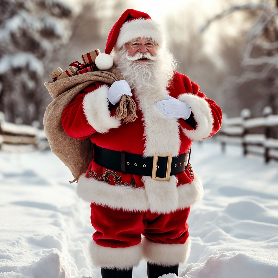 Santa Claus with sack in snowy woods Santa Claus with sack in snowy woods