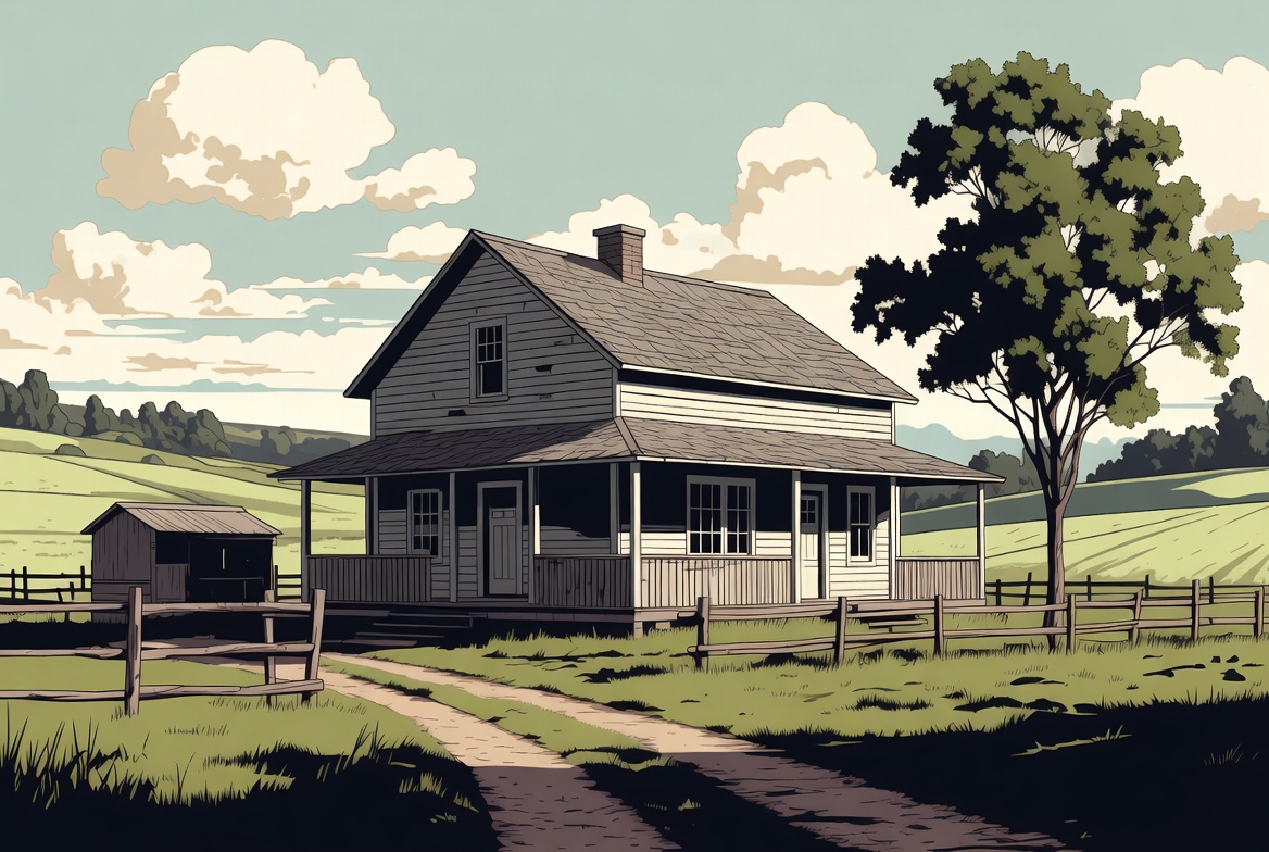 Farmhouse by Tree in Fields Farmhouse by Tree in Fields