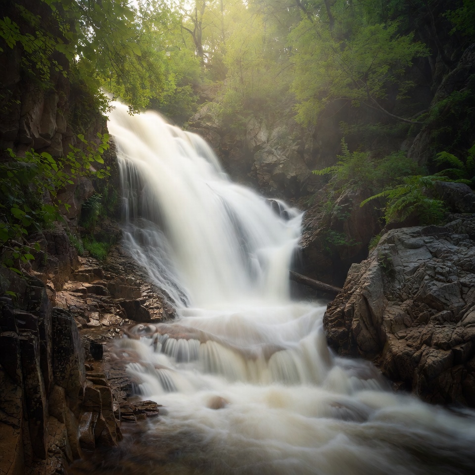 Waterfall cascading in lush forest Waterfall cascading in lush forest
