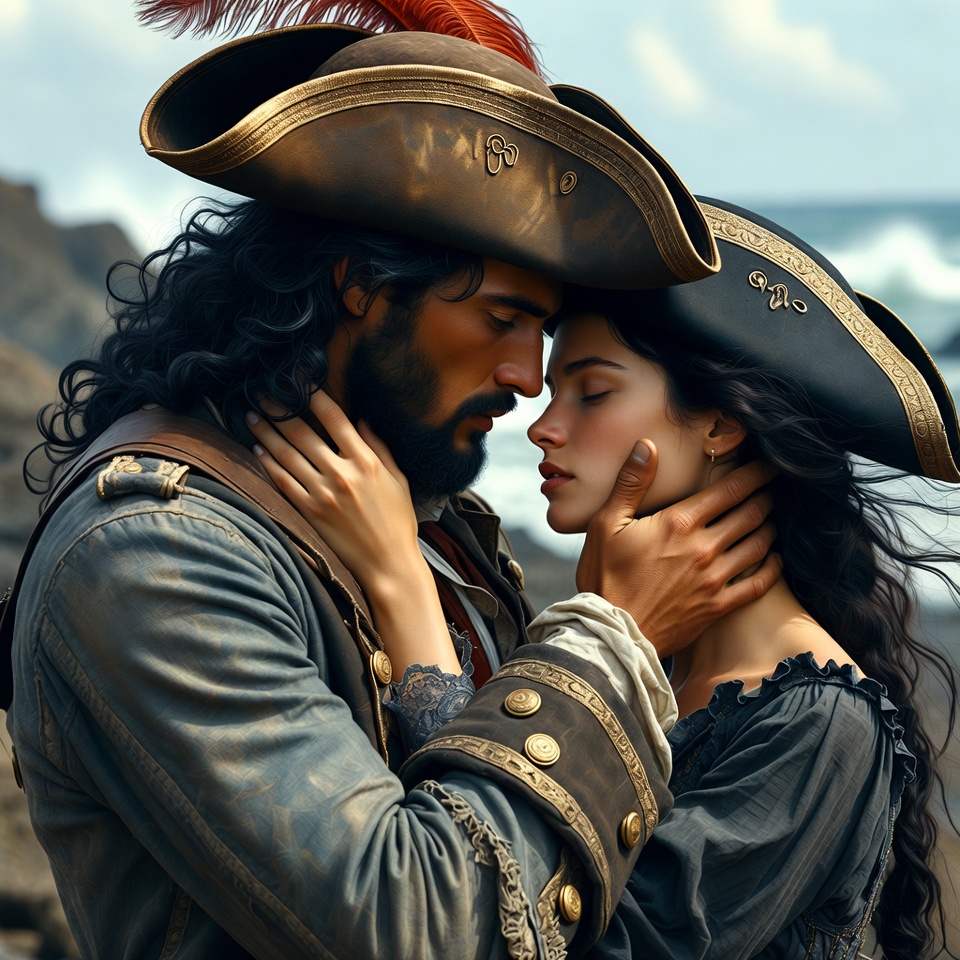 Pirate couple kissing by ocean Pirate couple kissing by ocean