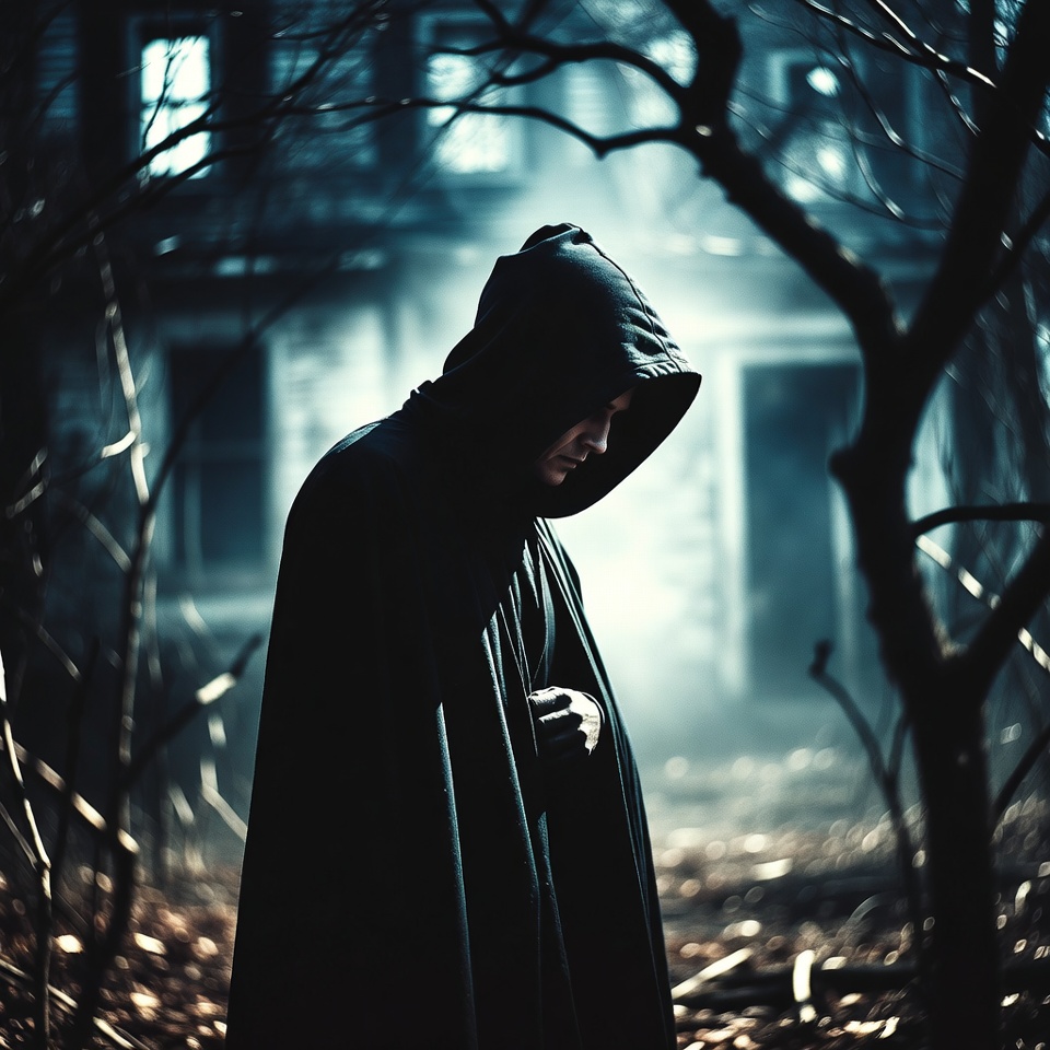 Hooded man in dark haunted forest Hooded man in dark haunted forest