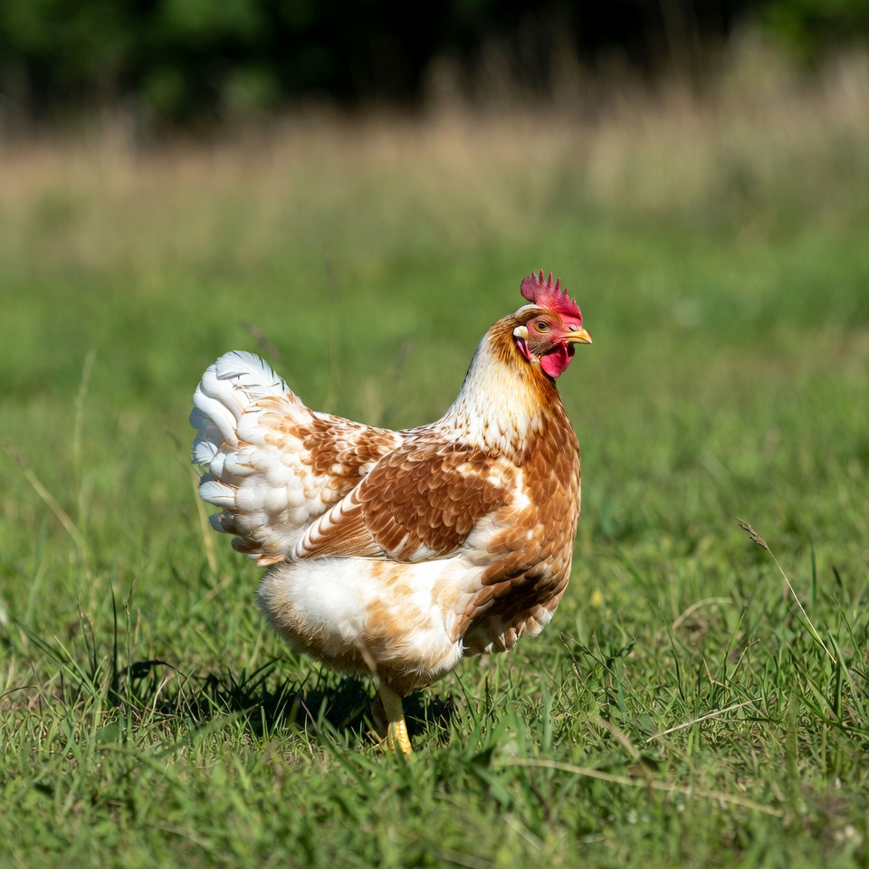 White and brown hen in green grass White and brown hen in green grass