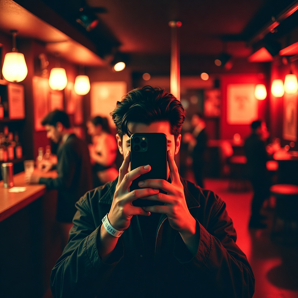 Man taking selfie in red-lit bar Man taking selfie in red-lit bar