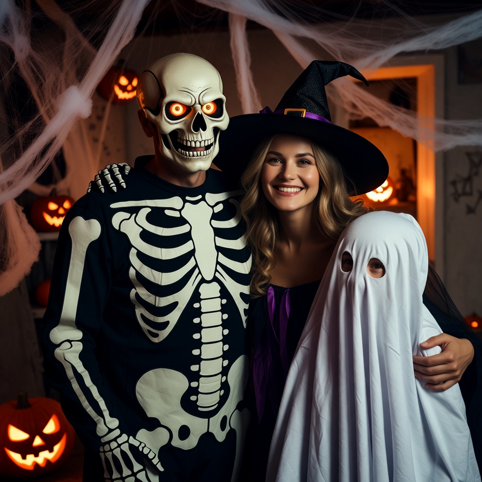 Family in Skeleton Witch Ghost Costumes Family in Skeleton Witch Ghost Costumes