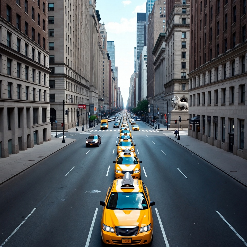 Yellow taxis lining New York street Yellow taxis lining New York street