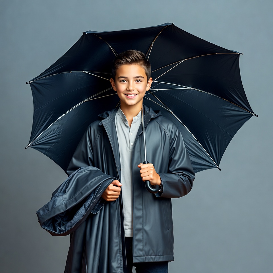 Boy holding black umbrella in raincoat Boy holding black umbrella in raincoat