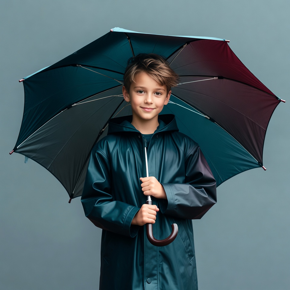 Boy holding colorful umbrella in raincoat Boy holding colorful umbrella in raincoat