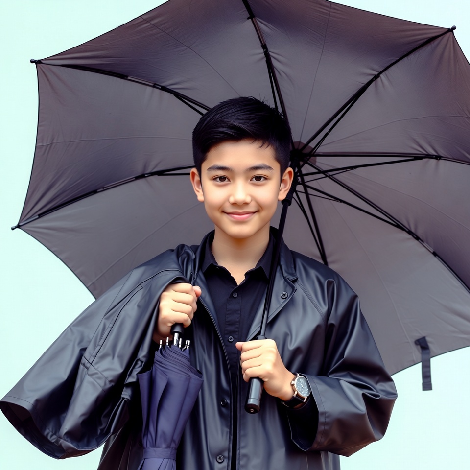 Asian boy holding umbrellas in raincoat Asian boy holding umbrellas in raincoat