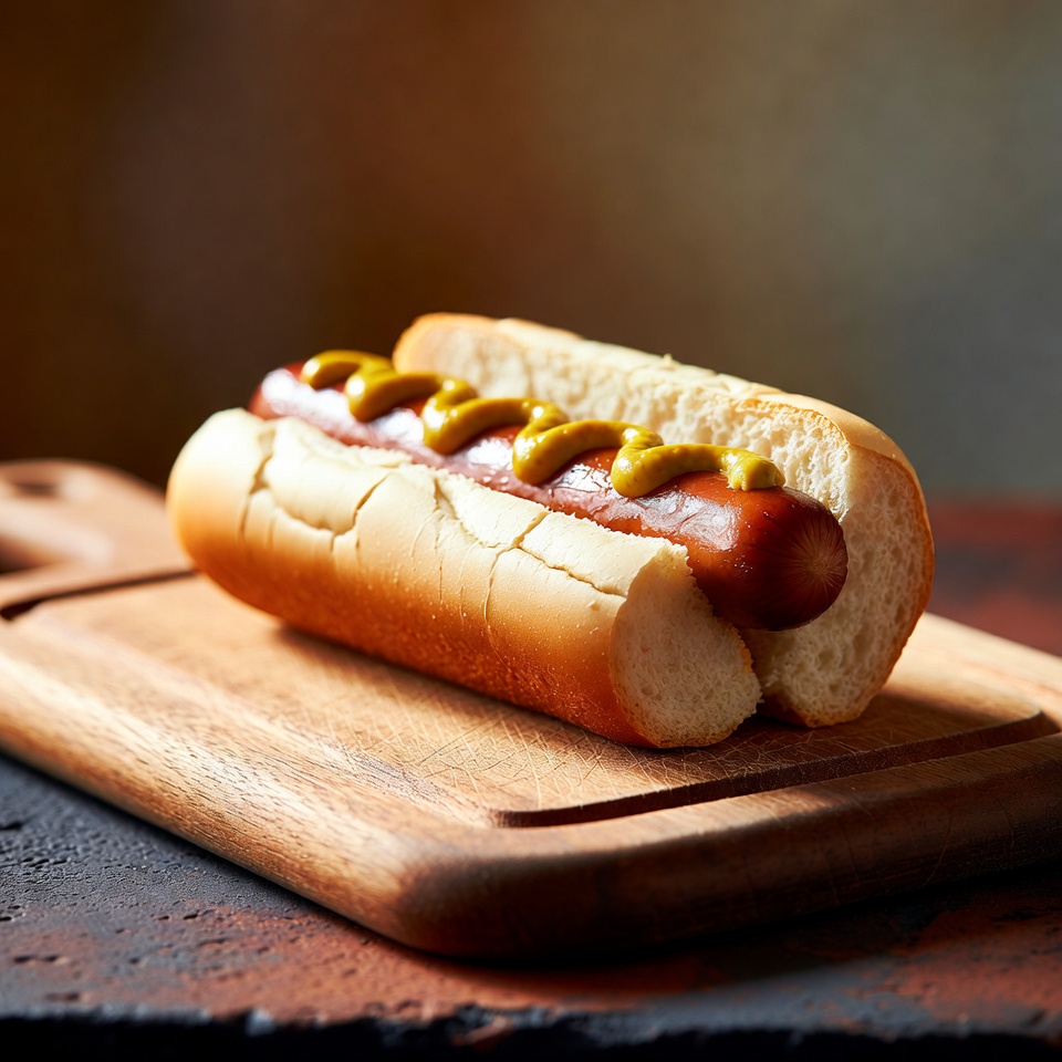 Hot dog with mustard on wooden board Hot dog with mustard on wooden board