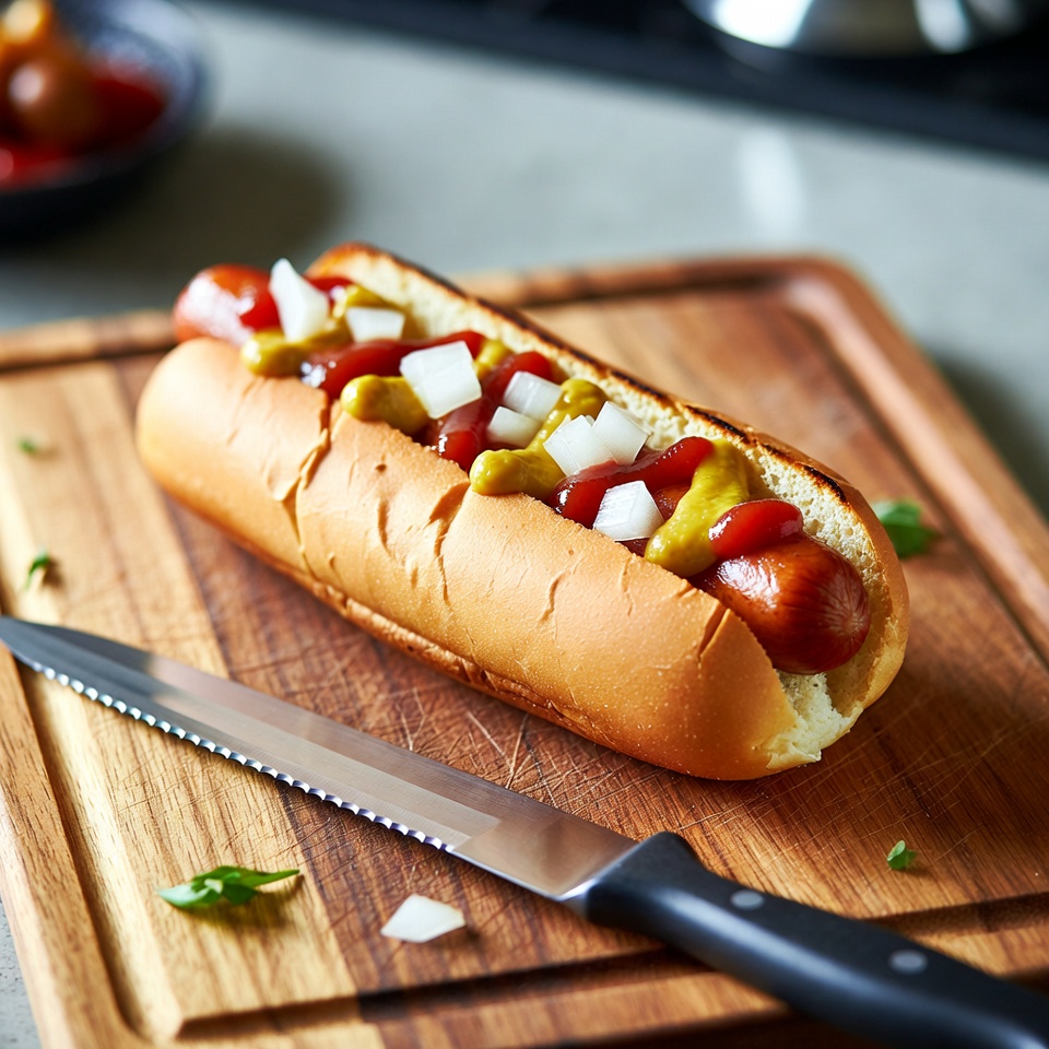 Hot dog with mustard ketchup onions Hot dog with mustard ketchup onions