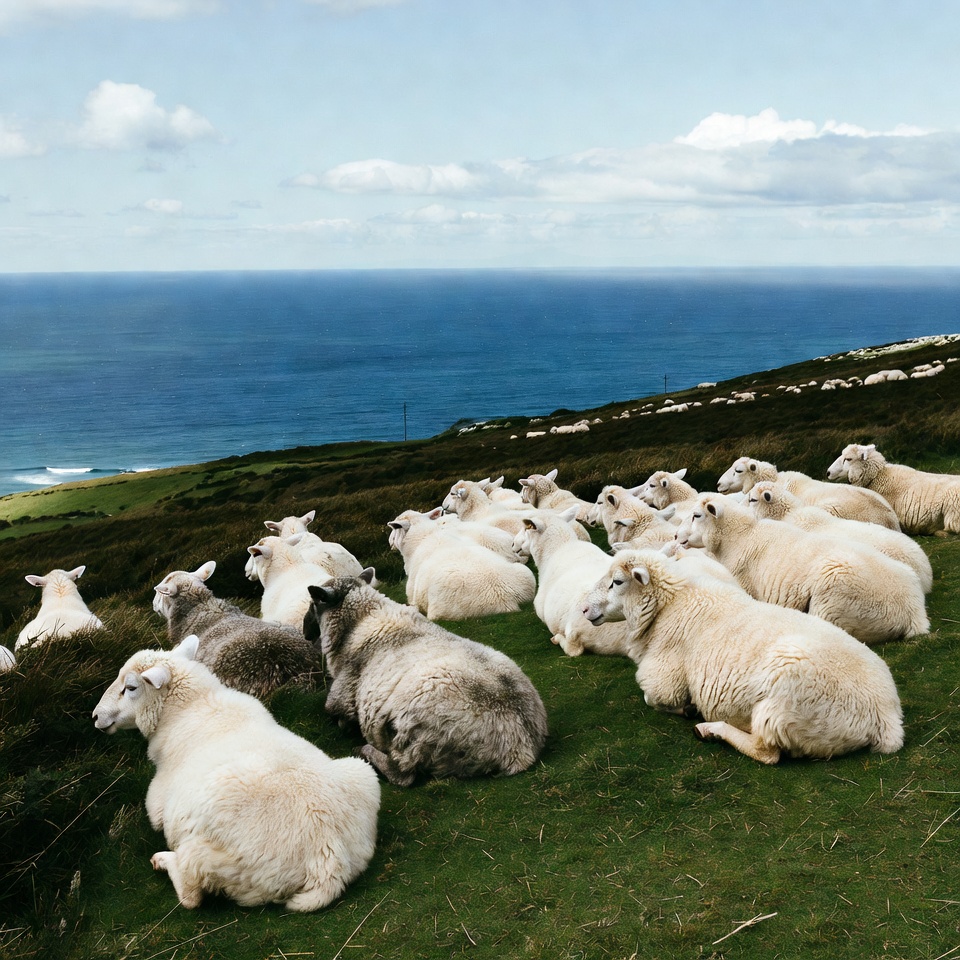 Sheep flock on green hill by ocean Sheep flock on green hill by ocean