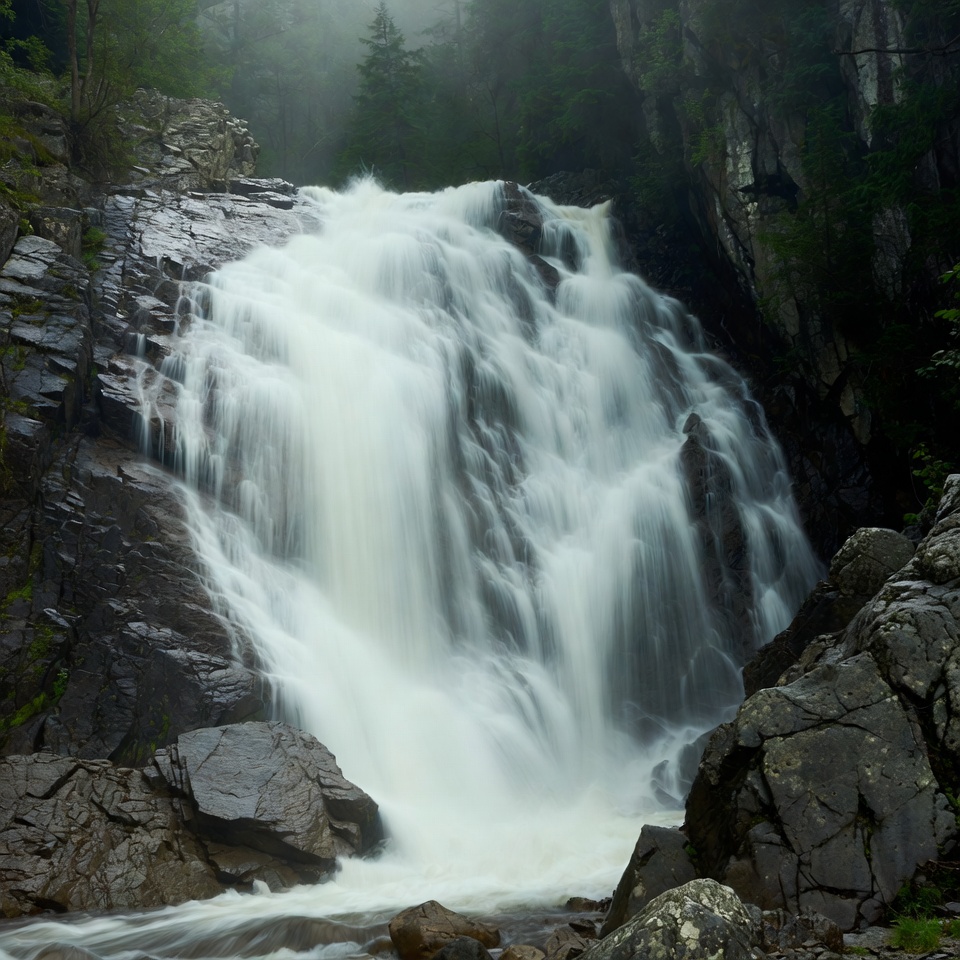 Waterfall cascading in misty forest Waterfall cascading in misty forest