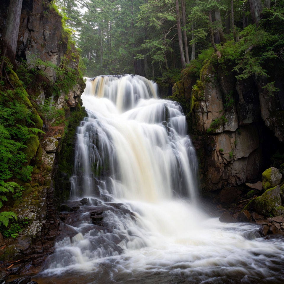 Waterfall cascading in lush forest Waterfall cascading in lush forest