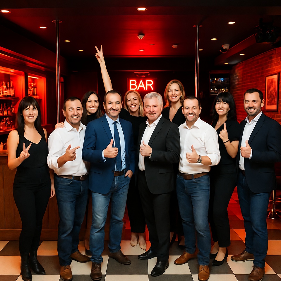 Group posing with thumbs up at bar Group posing with thumbs up at bar