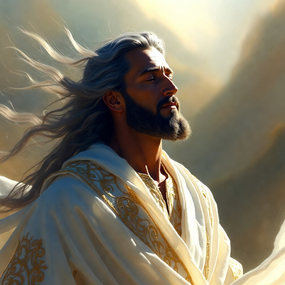 Long-haired man in white robe with mountains Long-haired man in white robe with mountains