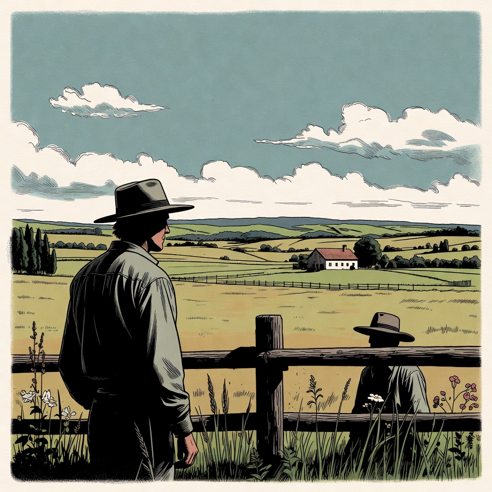 Two cowboys leaning on fence overlooking fields Two cowboys leaning on fence overlooking fields