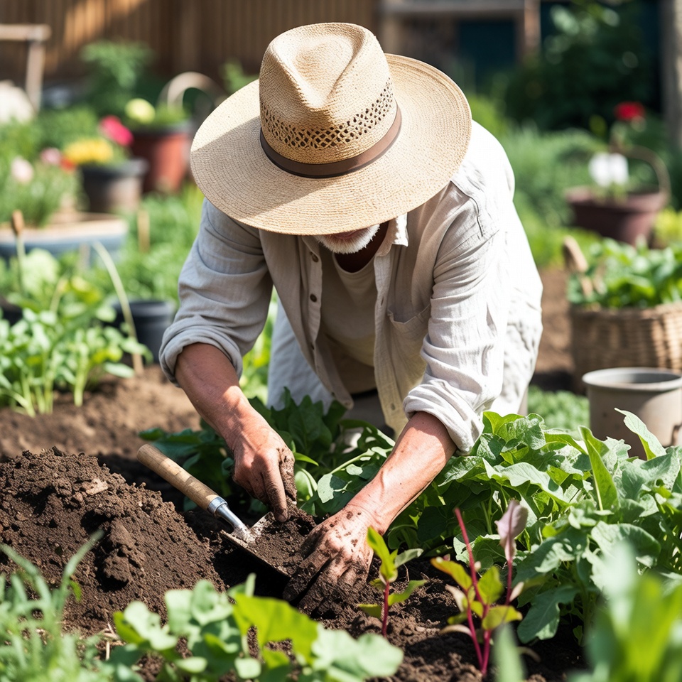 Elderly man gardening in vegetable patch Elderly man gardening in vegetable patch