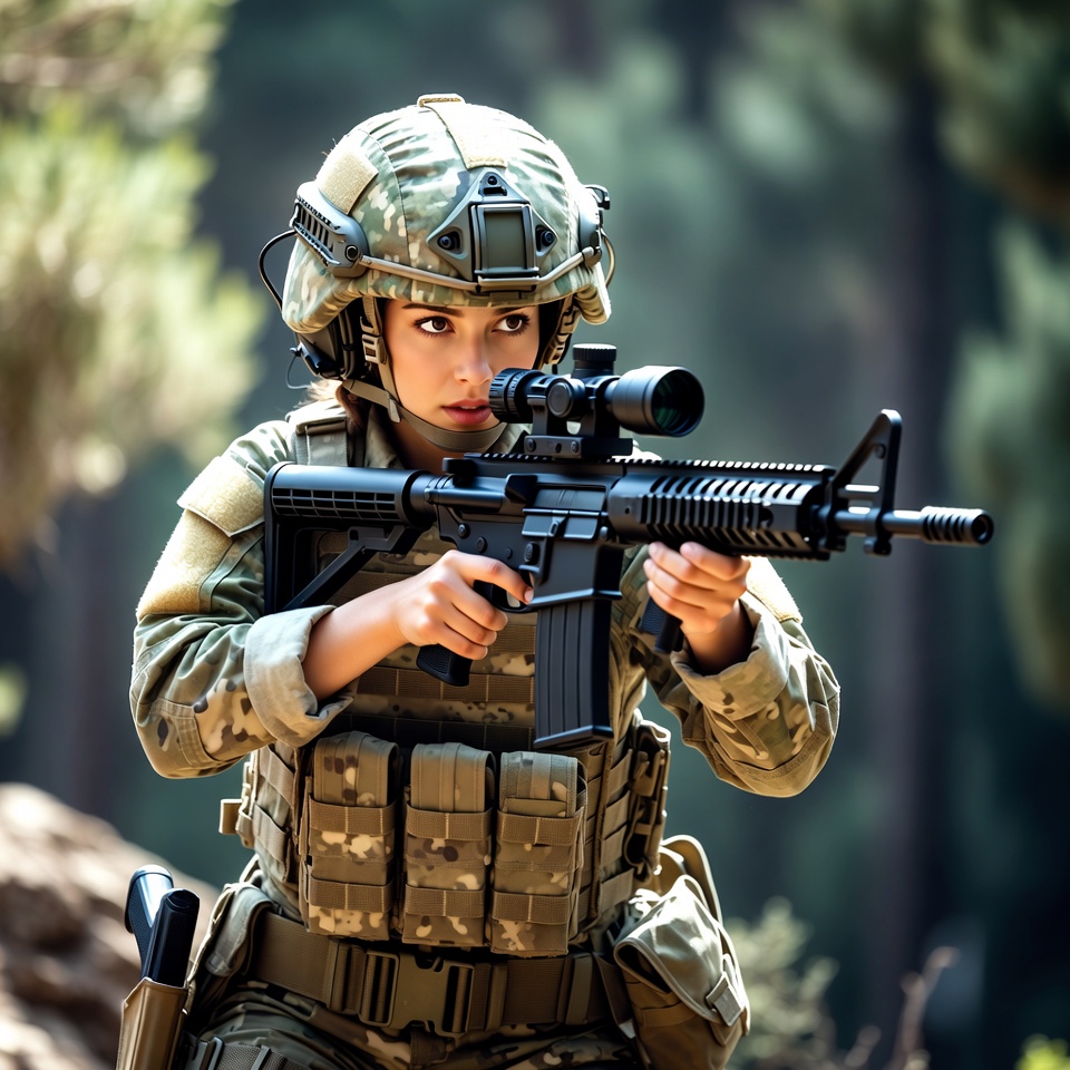 Female soldier aiming rifle in forest Female soldier aiming rifle in forest