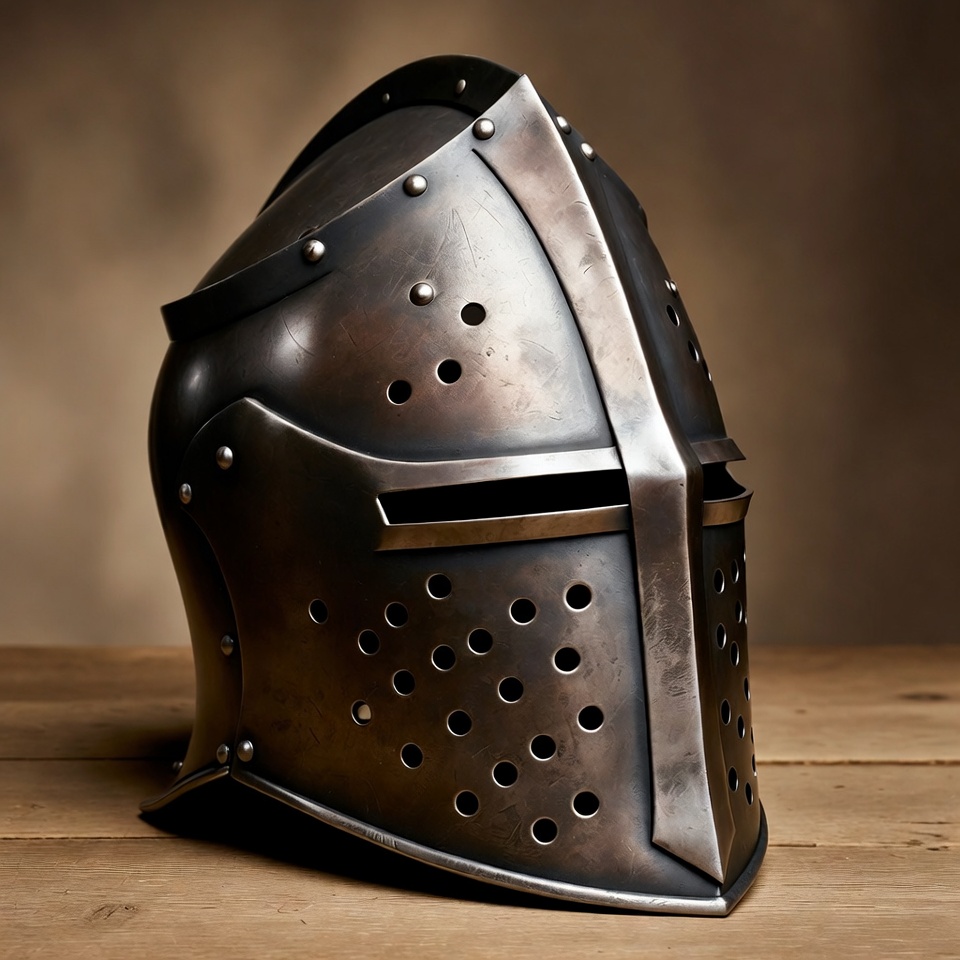 Medieval Knight Helmet on Wooden Table Medieval Knight Helmet on Wooden Table